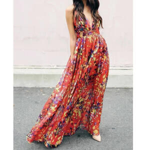 DAINTY HOOLIGAN red floral V-neck maxi dress sz M